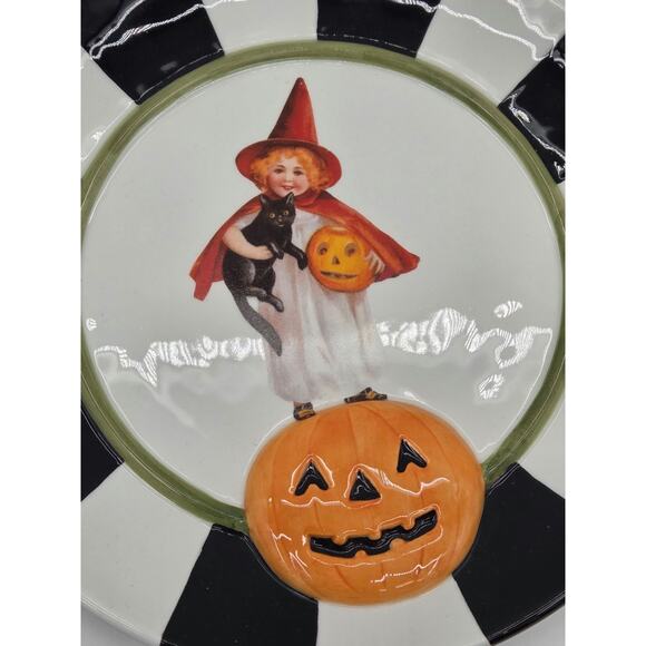 Department 56 Plate Halloween Witch Black Cat Jack O Lantern Plate White Striped - Picture 7 of 11